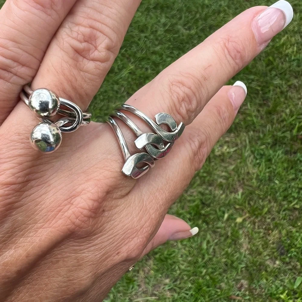 Sterling Silver MEXICO Freeform Weave Tapered Three Layered Band Ring - Picture 7 of 17